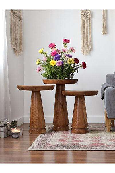 ASELYA HOME Doğal Ahşap 3’lü Set Mantar Yan Sehpa Modern Fiskos Zigon