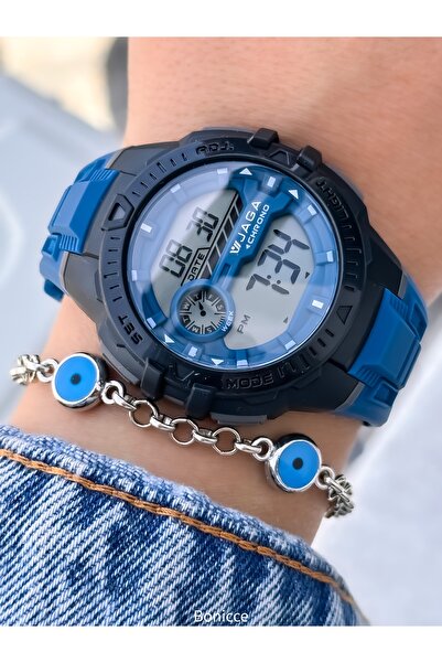 Jaga 45MM Havuz Deniz Kullanım,Işıklı,Takvimli,Kronometreli MAVİ Silikon Dijital SPOR Kadın Kol Saati