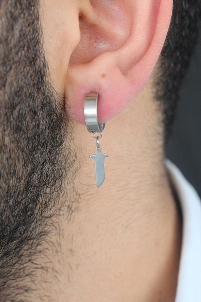 Skygo Silver Color Plated Sword Figured Steel Pinch Men's Earrings - Tj-Ekp129