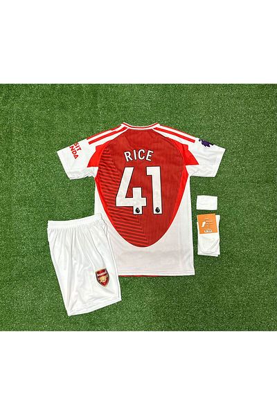 DAYIBALI DÜKKAN DAYIBALI ARS موسم 2025/26 Declan Rice Home قميص قصير الأكمام أحمر أبيض للأطفال طقم من 4 قطع