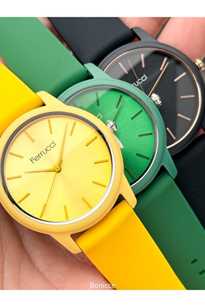 Ferrucci Müthiş Tasarımı ile Soft Renklerde Silikon Kordon Kadın Saat Sarı Renk Bileklik Hediyel