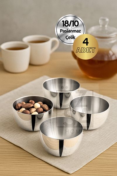 ÖzSa Home 4 Pieces 18/10 - 304 Quality Stainless Steel Snack Bowl Nut Holder Snack Bowl Set 9 cm Bowl