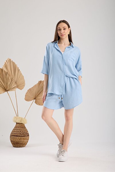 amurpars Shirt Shorts Linen Blue Set