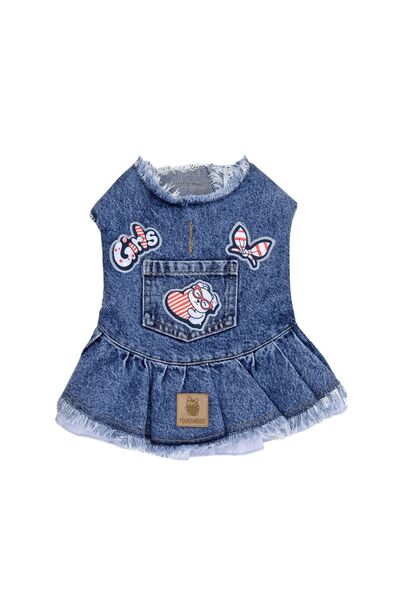 fouramour Mavi Etekli Koyu Kar Yıkama Denim Köpek Elbisesi "Girls"