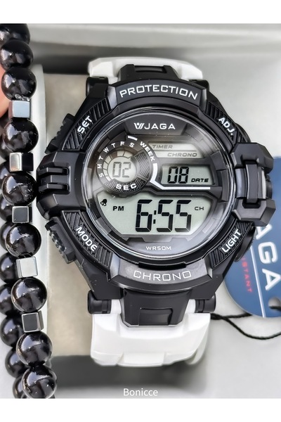 Jaga 50 MM Havuz Deniz Kullanım,Işıklı,Takvimli,Kronometreli Beyaz Silikon Dijital SPOR Erkek Kol Saatii