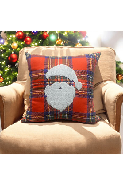 ASDİVA Outlet Yılbaşı Kırlent Kılıfı Kırmızı Ekose Kumaş Beyaz Punch Yılbaşı Ağacı Desenli Süzene Panç