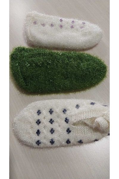 Papatyam 3 Pieces of Hand-Knitted Glitter Thread Beaded Five Needles/Handcrafted Booties/Dowry Booties/Knitting/Home Booties/Handcrafted Socks