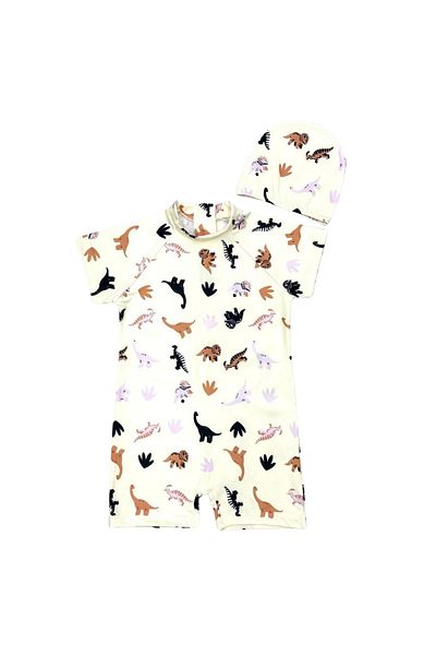 Bebetopya Tiny Dinosaurs Land Short Sleeve Kids Baby Romper Swimsuit and Cap Set