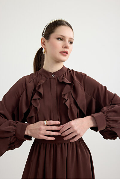 Birgül Bektaş Kahverengi Volanlı Royal Elbise