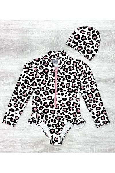 Bebetopya Leopard Patterned Baby Girl Swimsuit and Bonnet Set with Front Zipper