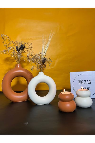 Zigzag Home Decorative 2 Piece Ring Vase and 2 Piece Candle Holder 4 Piece Orange Beige Set Bohemian