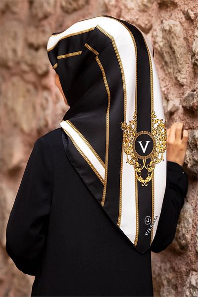 Vissona Twill Silk Φουλάρι Μαύρο, Κρεμ