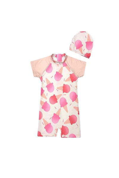 Bebetopya Ice Cream Patterned Short Sleeve Kids Baby Romper Swimsuit and Bonnet Set