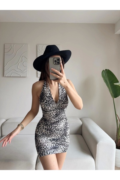 Zoom Butik Boyun Bağlamalı Büzgülü Elbise - LEOPAR
