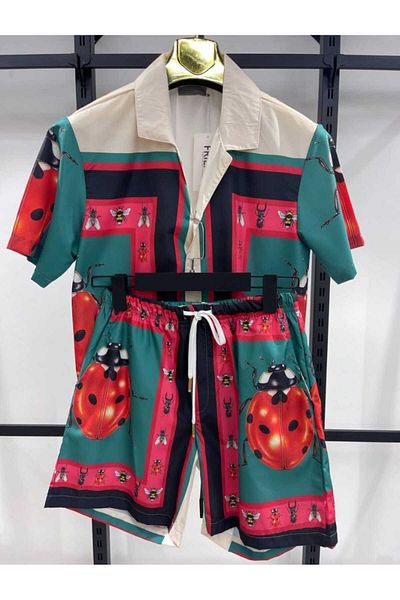 Marka Casablanca Multi-Colored Figure Print Shirt Dress Set-Colorful Print Shirt-Casablanca Shirt Shorts