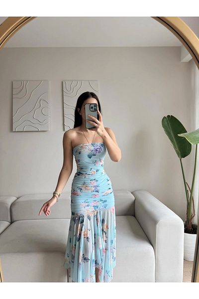 Zoom Butik Floral strapless Draped dress - blue