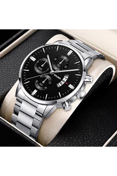REDz Accessories Ceas Link de lux, cronograf, bărbătesc, oțel inoxidabil, argintiu-negru
