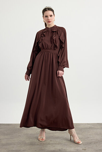 Birgül Bektaş Kahverengi Volanlı Royal Elbise