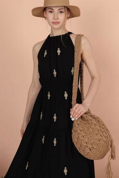 AYASOFYA OTANTIK Women's Black Halter Neck Ethnic Embroidery Detailed Sleeveless Long Dress