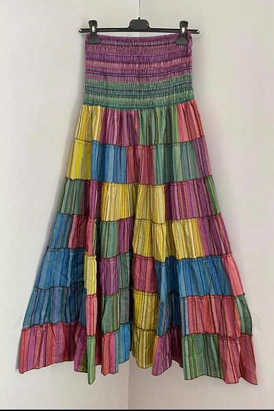 AYASOFYA OTANTIK Women's Nepalese Multicolored Ethnic Stripe Pattern Elastic Waist 100% Cotton Loose Bohemian Strapless Dress Skirt