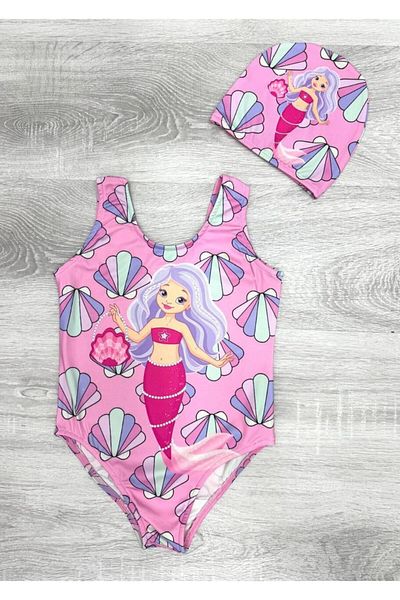Bebetopya Cute Mermaid Patterned Girls' Swimsuit and Cap Set
