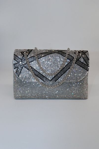 KEEBA Silver Evening Dress Bag with Stones. Wedding Graduation Portfolio Clutch Invitation Bag. Women's Silver Evening Dress Stone Bag
