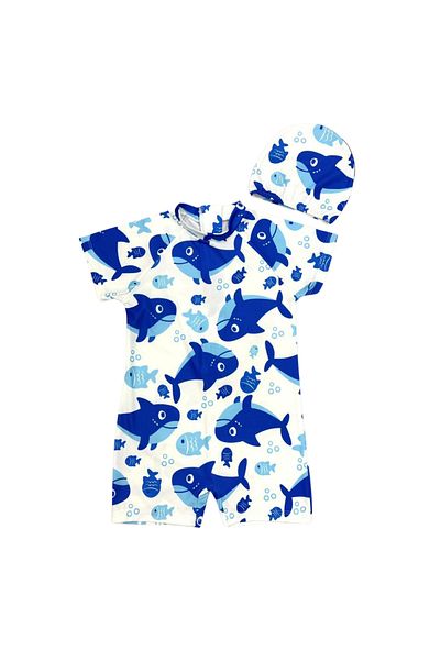 Bebetopya Baby Shark Pattern Short Sleeve Kids Baby Romper Swimsuit and Cap Set