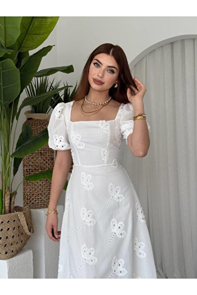 Julidress Rochie premium scoici lungă cu mânecă cu balon, broderie albă