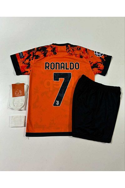 DAYIBALI DÜKKAN Dayibali Juv Cristiano Ronaldo 2020/21 Season Orange Black Short Sleeve Away Kids Kit Set of 4