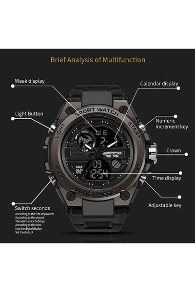 REDz Accessories Ceas sport Thunder, pentru bărbați, afișaj digital cu dată și oră, aspect robust, curea din silicon, negru