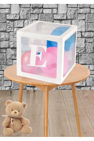 Doğumgünü Atölyem E Harfli Şeffaf Beyaz Balon Kutusu ve 5 adet Küçük Balon Se...