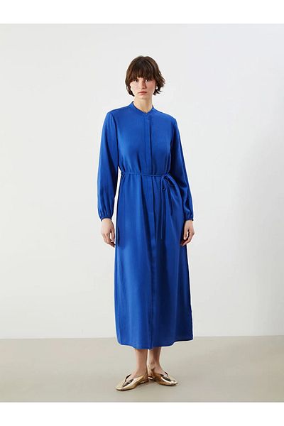 LC Waikiki Lcwaikiki classic blue dominant collar textured a-line Oversized shirt dress
