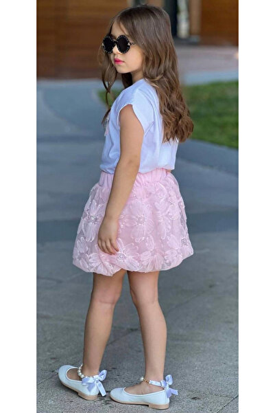 Marka Sensin Kids Girl's Pink Flower Printed T-Shirt Flower Printed Pink Skirt Set of 2