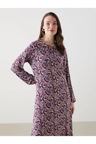 LC Waikiki Lcw Grace Plum Tie-Up Collar Print Women's Dress