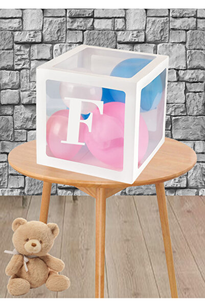 Doğumgünü Atölyem F Harfli Şeffaf Beyaz Balon Kutusu ve 5 adet Küçük Balon Se...