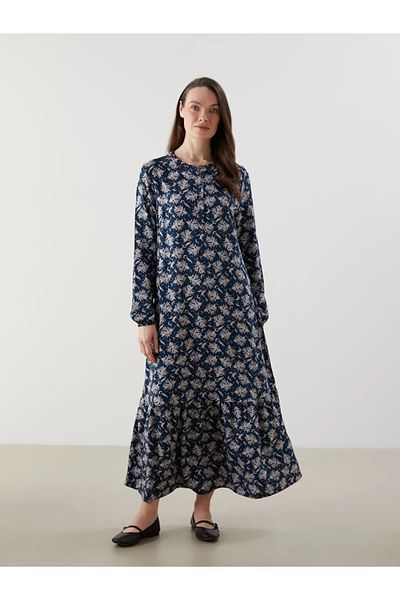 LC Waikiki Lcw Grace Blue Crew Neck Print Women's Dress