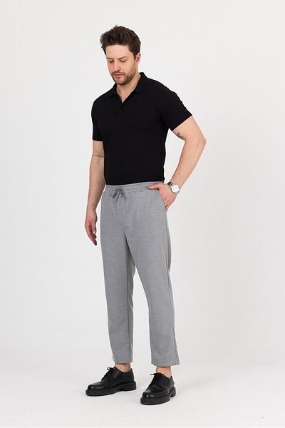 Buket Tekstil Men's Gray Side Pocket Elastic Waist Relaxed Cut Fabric Trousers