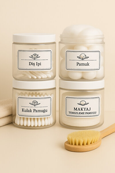 Dem Home Set de 4 borcane din plastic cu aspect de sticlă transparentă, cu capac alb, pentru ață dentară-bumbac pentru urechi-curățare machiaj.