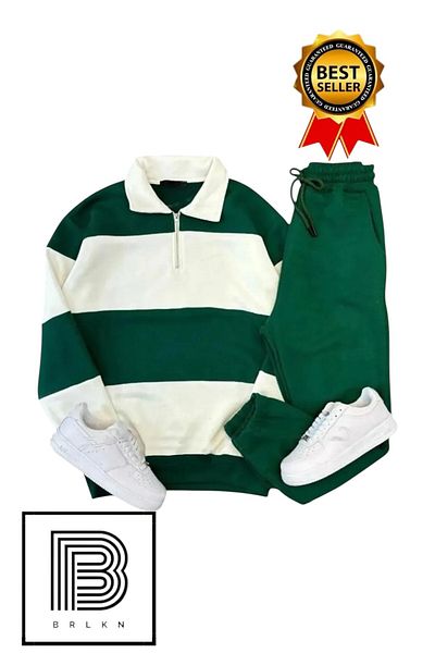 BRLKN New Season Unisex Thick Striped Cotton Tracksuit Set - Half Zipper, 3 Thread