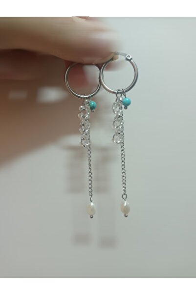 Birtakı'm Şeyler أقراط من الفولاذ حجر فيروزي مع لؤلؤ مثقف حقيقي