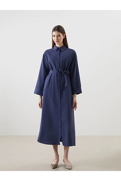 LC Waikiki Lcw modest navy blue linen blended women's shirt dress