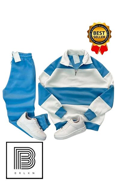 BRLKN New Season Unisex Thick Striped Cotton Tracksuit Set - Half Zipper, 3 Thread
