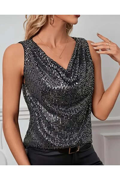 By Kul Design Kadın payet degaje yaka bluz