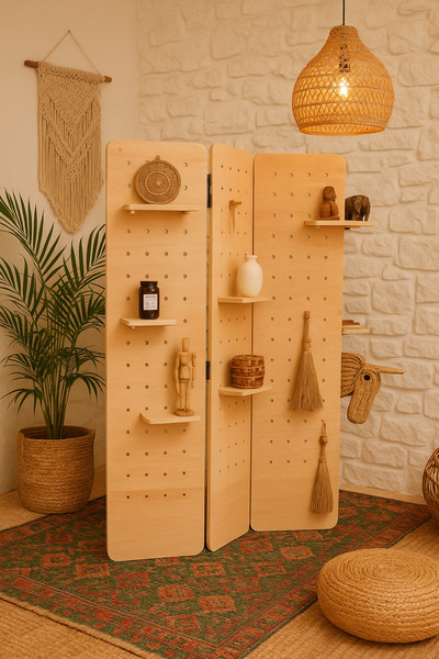 ESLENTA Huş Ağacı 3 Kanatlı Katlanabilir Çok Amaçlı Ahşap Paravan