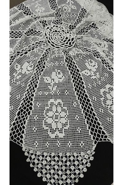 Papatyam Hand Knitted Crocheted Fiskos Tablecloth (150 cm Diameter) Lace/Vintage/Handcrafted Dowry Lace/Floss Thread