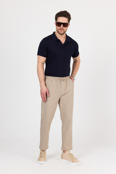 Buket Tekstil Men's Beige Side Pocket Elastic Waist Relaxed Cut Fabric Trousers