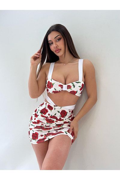 pink life White Red Rose Patterned Gathered Double Set