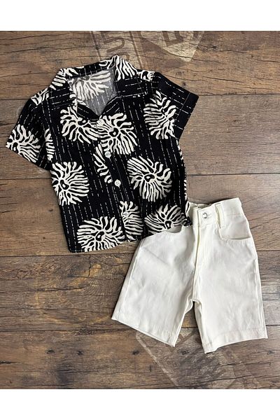 MUMİKİDS Costum de cămașă de in pentru băiat, pantaloni scurți din denim Costum de vară Eid