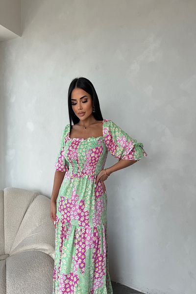 LİLA İSTANBUL Square Neck Watermelon Sleeve Viscose Fabric Floral Pattern Summer Dress (Standard Size S/M/L/Xl Compatible)