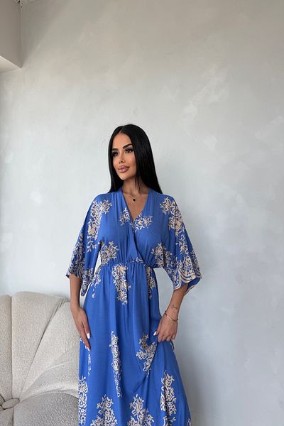 LİLA İSTANBUL Double Breasted Collar Viscose Fabric Ethnic Patterned Bat Sleeve Summer Dress
